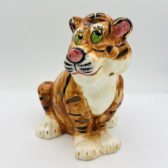 Vintage Hand Painted Ceramic Tiger Tea Light Candle Holder Votive Large. Sm Chip - Picture 1 of 6